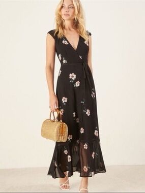 Reformation Haven Floral Wrap Maxi Dress Black Pink Size XS Spring
